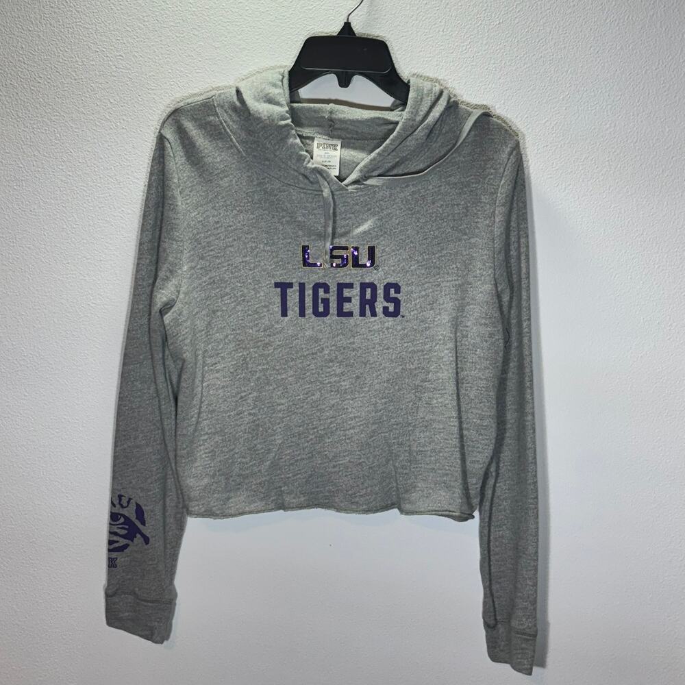 Victoria’s Secret PINK LSU Tigers Gray Cropped Hoodie Women’s S Collegiate Logo